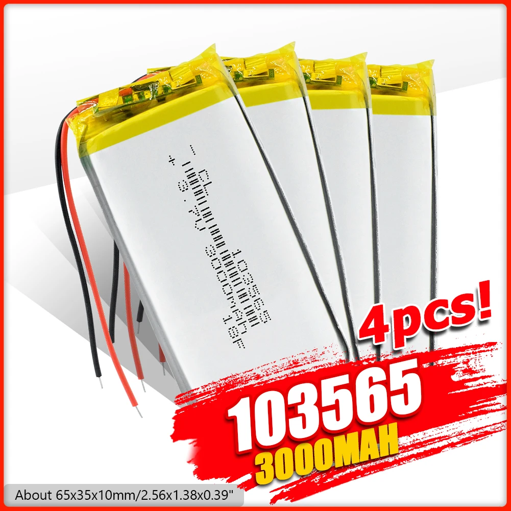 1/2/4x103565 Перезаряжаемые 3 7 V 3000 мАч литий полимерный аккумулятор Батарея 65x35x10 мм