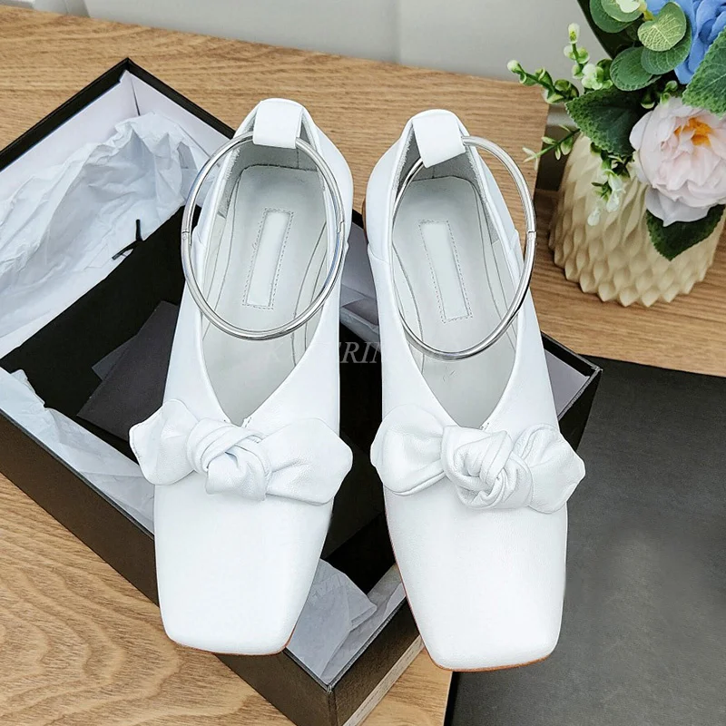 

Brand Designer Women Loafers Genuine Leather Metal Hoop Bamboo Ring Bow Square Toe Flats Witch Mules Single Shoes Ladies Autumn