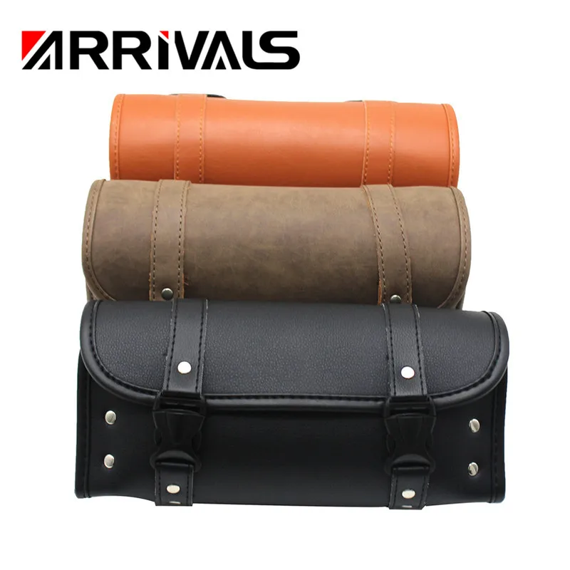 

Motorcycle Black Front PU Leather Luggage Saddlebag Tool Bag Pouch Universal with Mount Straps