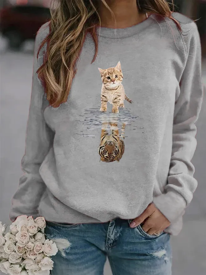 

Cute Cat Animal Print Casual Autumn T-shirts Woman O-neck Long Sleeve Loose Pullover Tops Fashion Ladies Street Winter Clothes