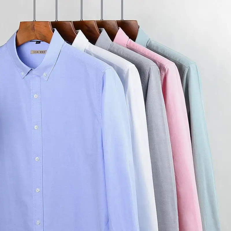 

Holiday Casual Soft 100% Cotton Solid Oxford Shirts Pocket-less Design Standard-fit Button-down Men's Long Sleeve Work Shirt