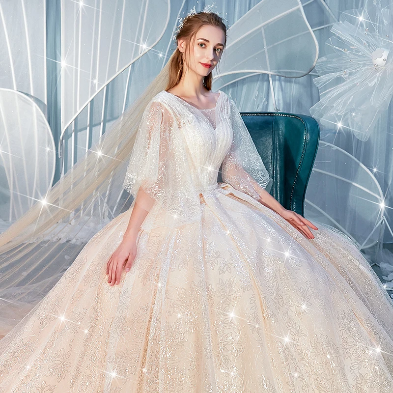 

Wedding Dress Sequins O-Neck Half Flare Sleeves Simple Ruches Bling Elegant Ball Gown Lace up New Long Women Bride Dresses B061