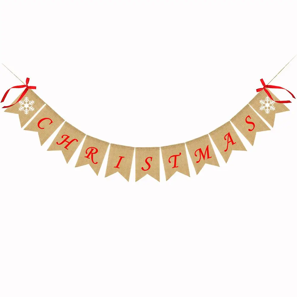 Декоративный баннер Снежинка Олень бант ленты Рождественские гирлянды холщовые