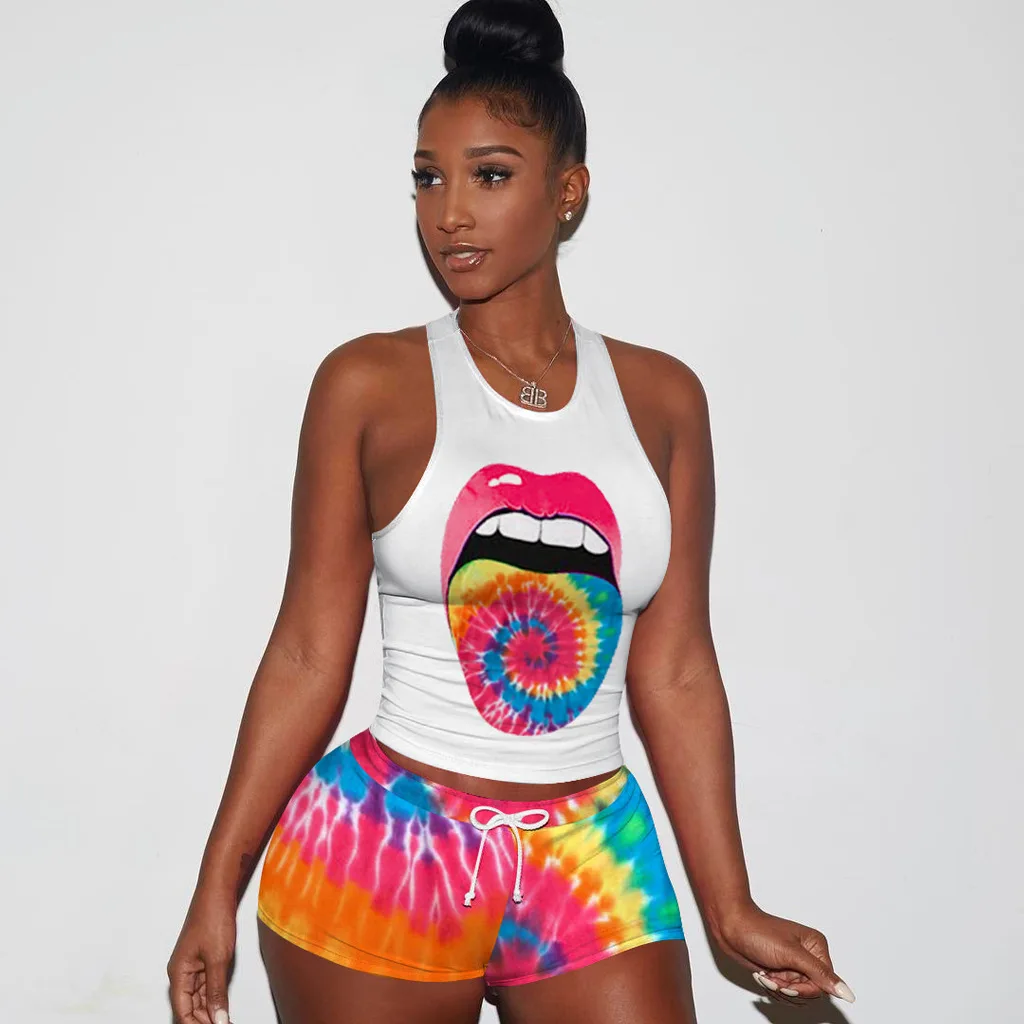 

Комплект одежды для сна из двух предметов с принтом «галстук-краситель», женский жилет, укороченный топ + байкерские шорты, летний сексуальн...