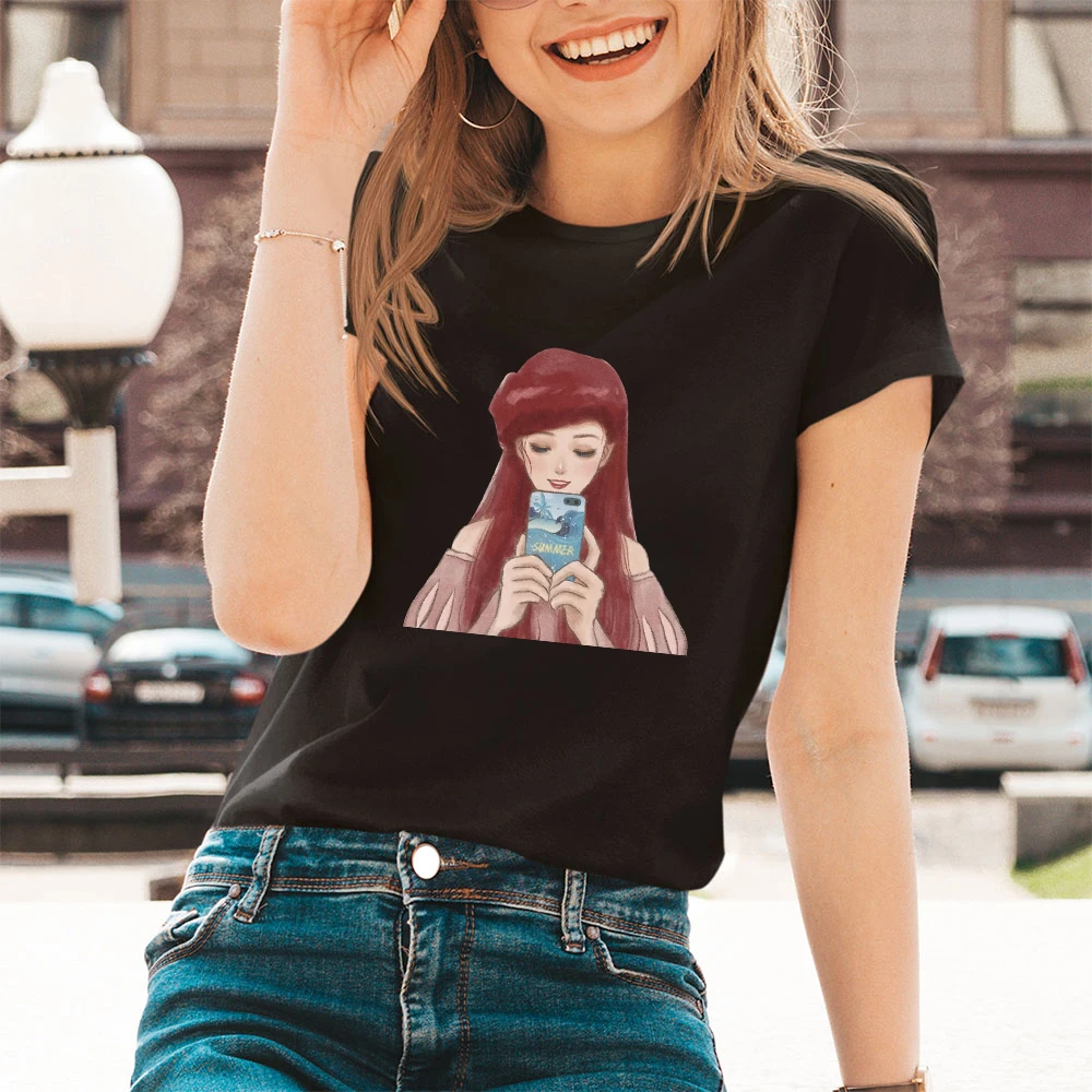 

Ariel The Little Mermaid Disney Princess Graphic Cartoon Ladies Summer Black T-Shirt Women Tops Girls Clothing Female T Shirt