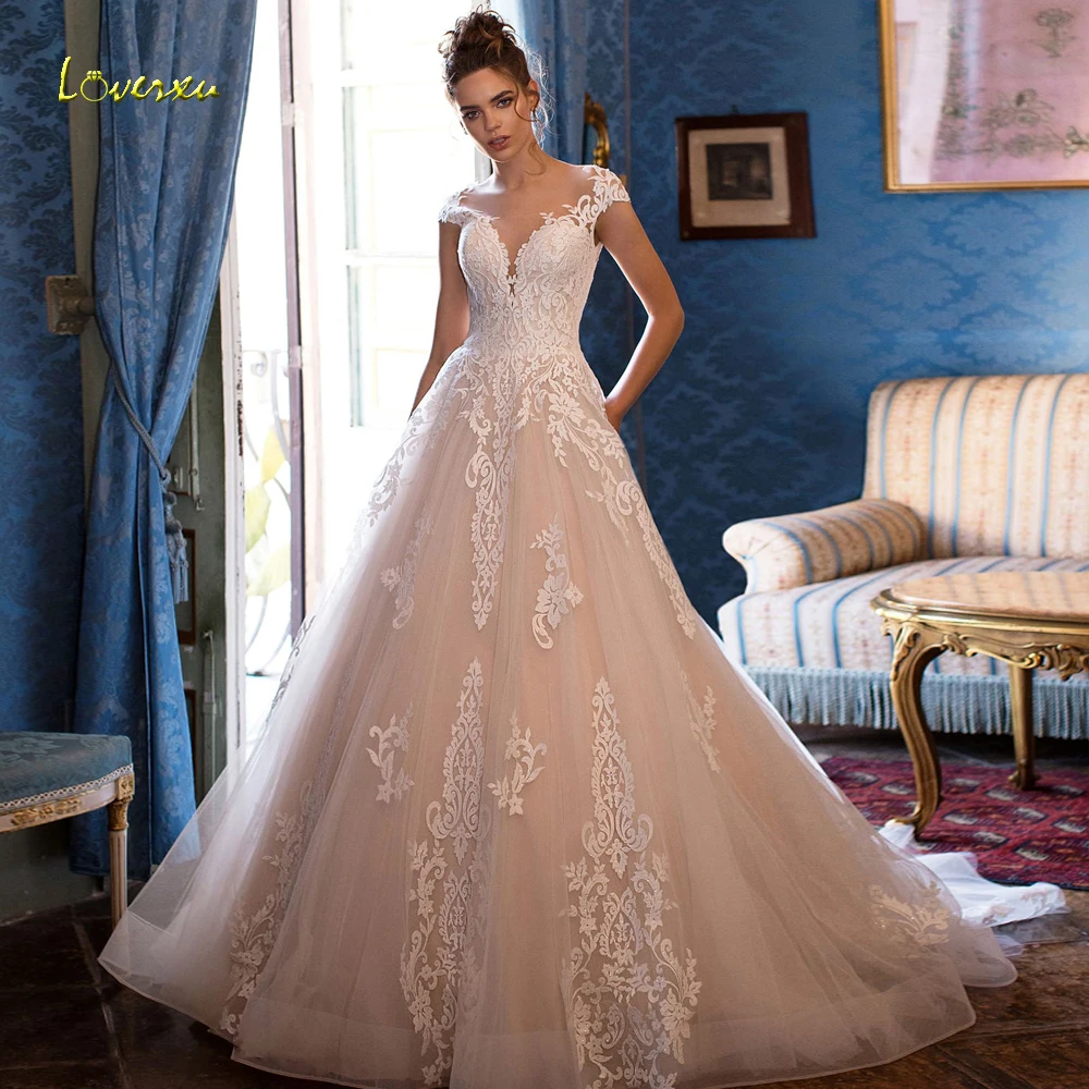 

Loverxu Sexy Illusion Cap Sleeve Lace A Line Wedding Dresses 2022 Luxury Appliques Scoop Neck Court Train Vintage Bridal Gowns