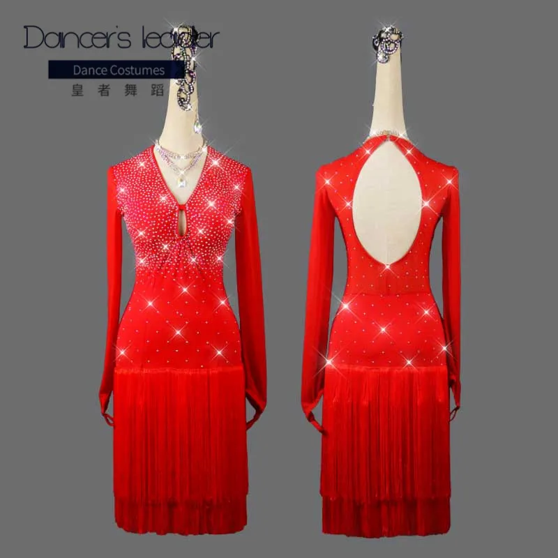 

High-end Custom Latin Dance Long Dress Woman Red Tassel Dance kirt adult children chacha professional competition costume