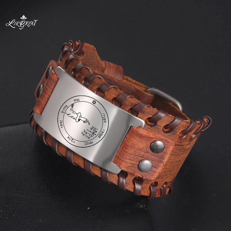 

Solomon Pentacle of Moon Wide Leather Men's Wrist Bracelets Strong Protective Amulet Supernatural Stainless Steel Jewelry Gifts
