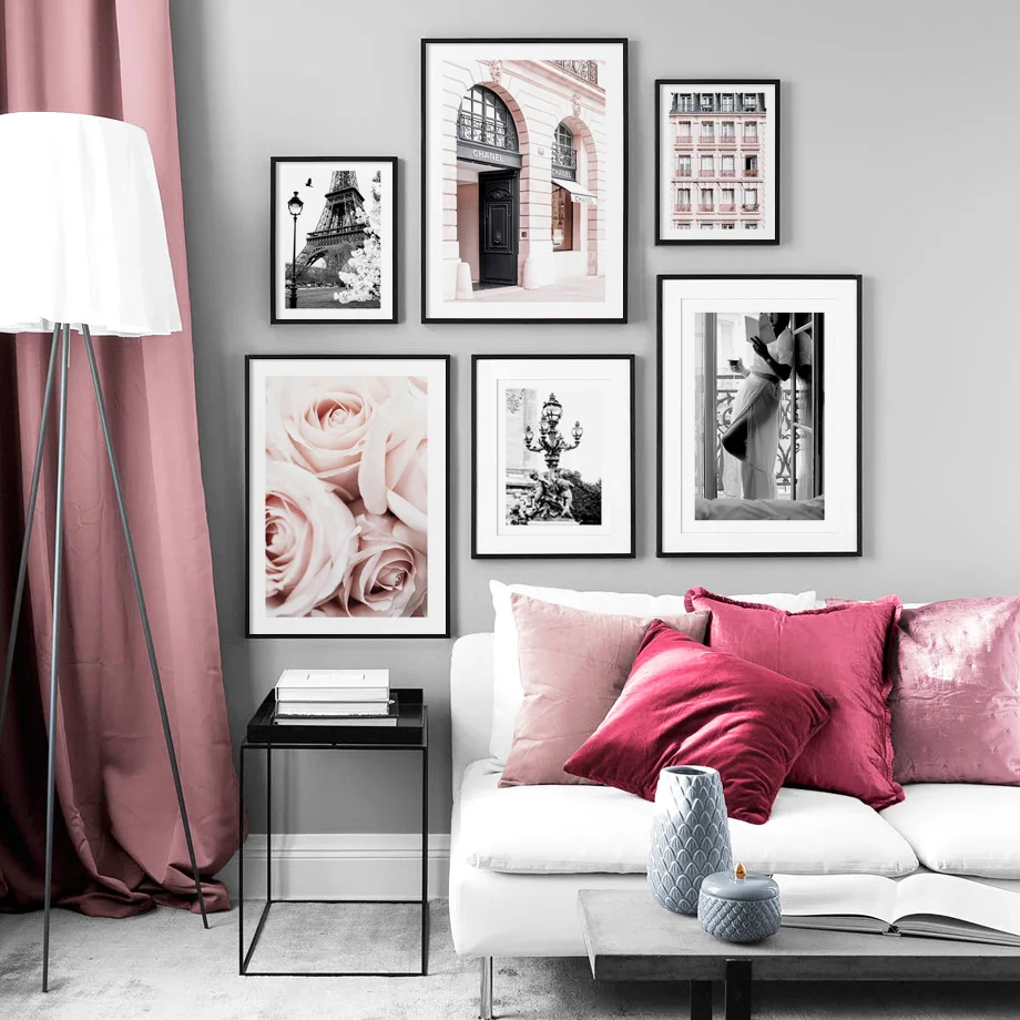 

Wall Art Prints Pink Roses Paris Tower Lantern Balcony Woman Canvas Painting Nordic Poster Wall Picture For Living Room Decor