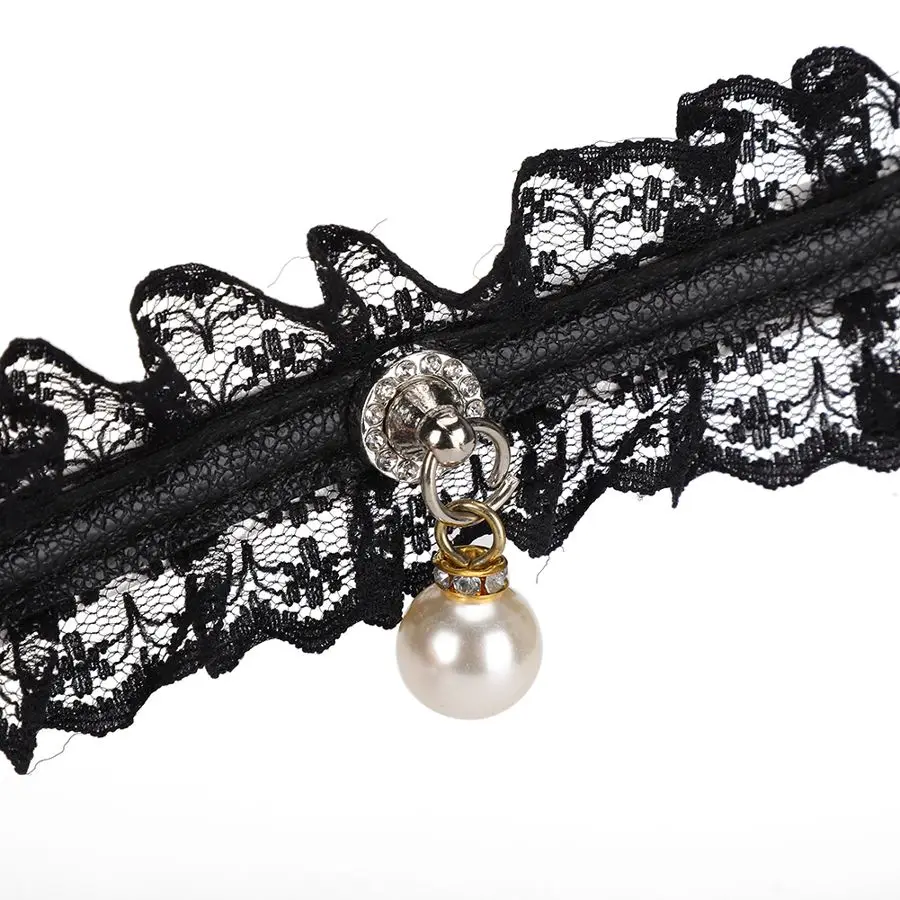 Ошейник для домашних животных ошейник кошек кожаный с черным кружевом жемчужное