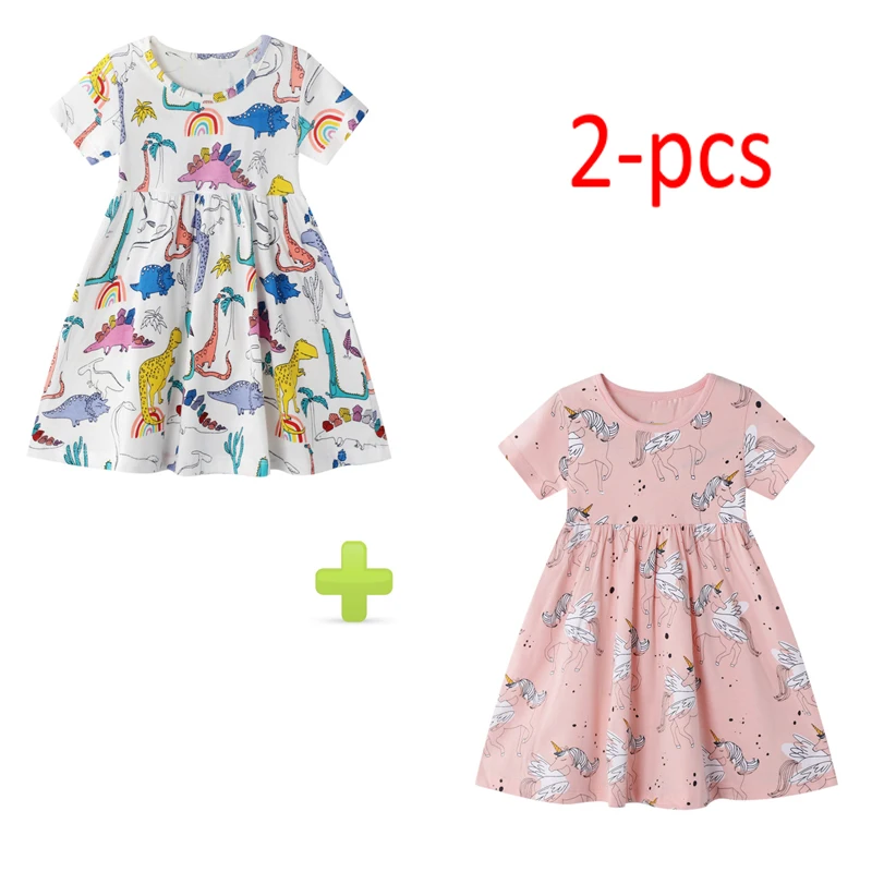 

Jumping Meters Summer Toddler Clothes Rainbow Dinosaur Pattern Skirt Casual Cotton Baby Short Sleeve Dress for 2-7 Years 2-pcs
