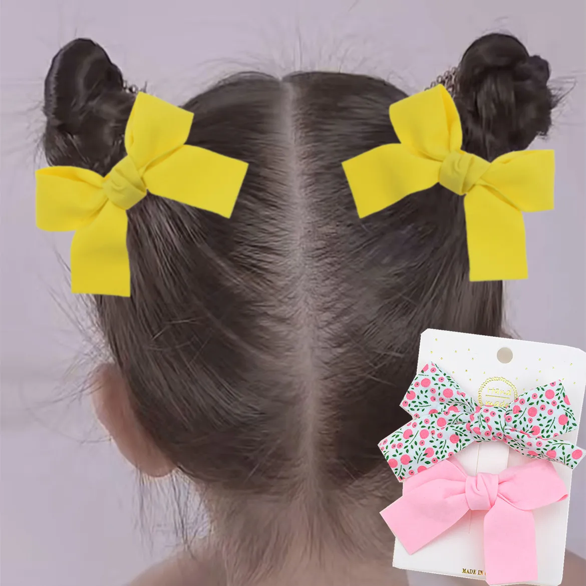 

2 Pcs/Pack Floral Printing & Solid Color Girls' Hair Bow Toddler Baby Girls' Bow Hair Clips Hairpins Barretets Accessories