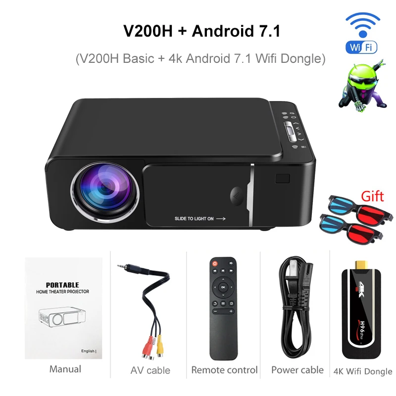 V200H add android VIVICINE 1280x720p Портативный HD проектор, опция Android 7,1 HDMI USB 1080p домашний кинотеатр проектор wifi мини светодиодный проектор - Цвет: V200H add android