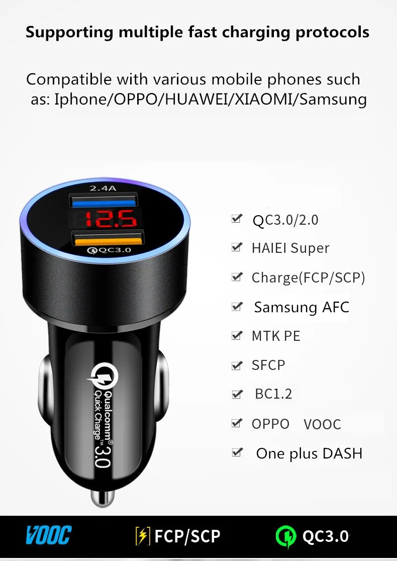5А автомобильное двойное USB зарядное устройство Быстрая зарядка QC3.0 VOOC DASH мобильный телефон 2 порта Зарядка для iPhone samsung планшет MTK автомобильное зарядное устройство