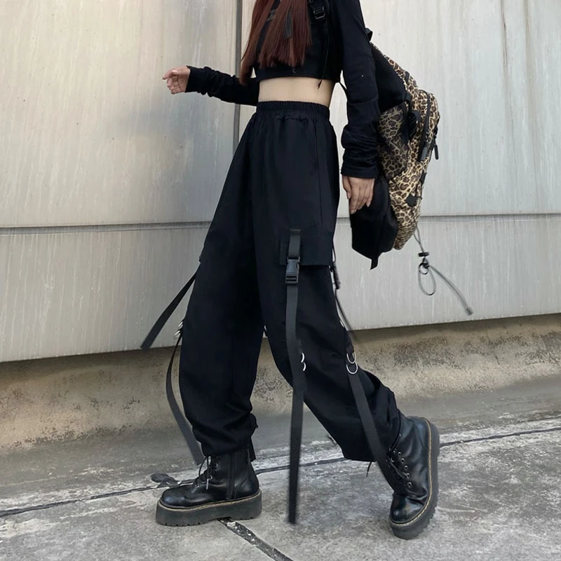 

HOUZHOU Techwear Punk Black Cargo Pants Women Gothic Hippie Streetwear Joggers Wide Leg Trousers For Female Chain Korean Fashion