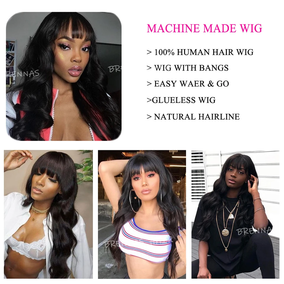 

Body Wave Wig With Bangs Human Hair Wig Brazilian Glueless Wig Remy Hair Natural Color Machine Made Wigs For Women 180% Density