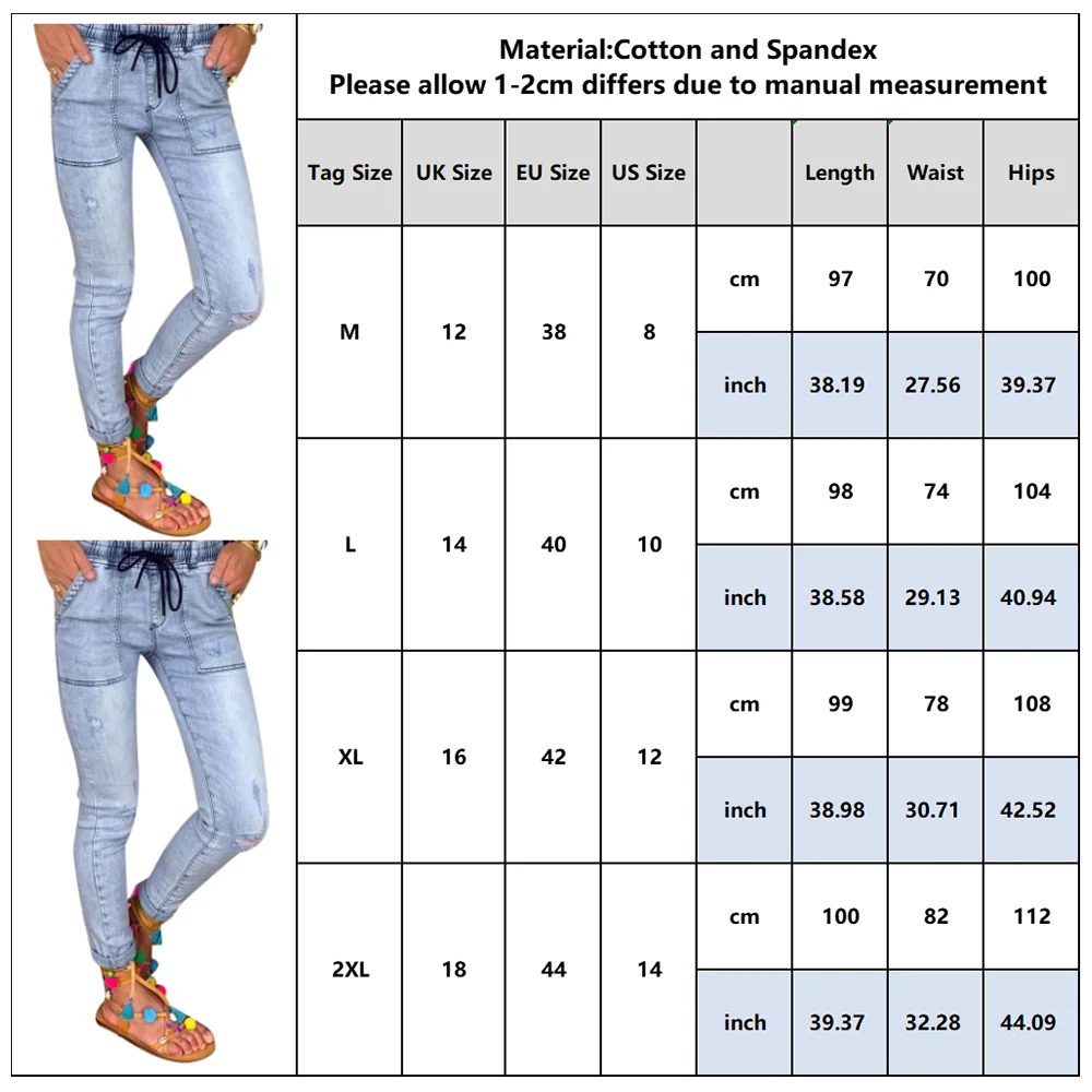 Женские узкие джинсы с низкой талией Синие рваные потертостями повседневные