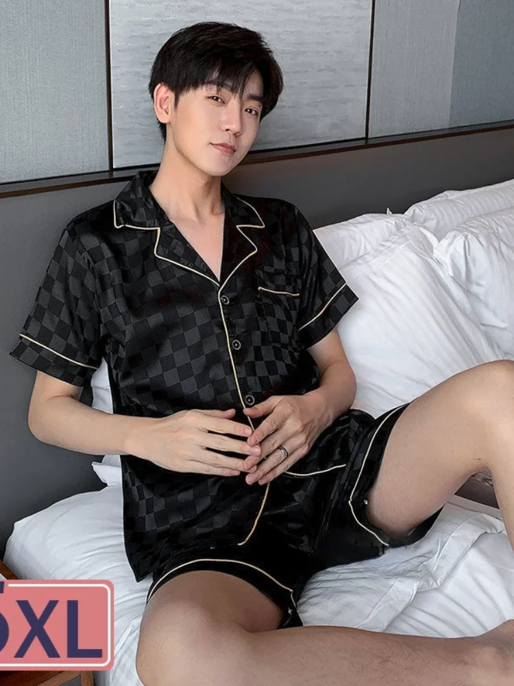 couple snight pijamas M-5XL Summer Short Plaid Silk Pajama for Men 2pc Plus Size Short Set 3xl Pijama Hombre Loungewear Homewear