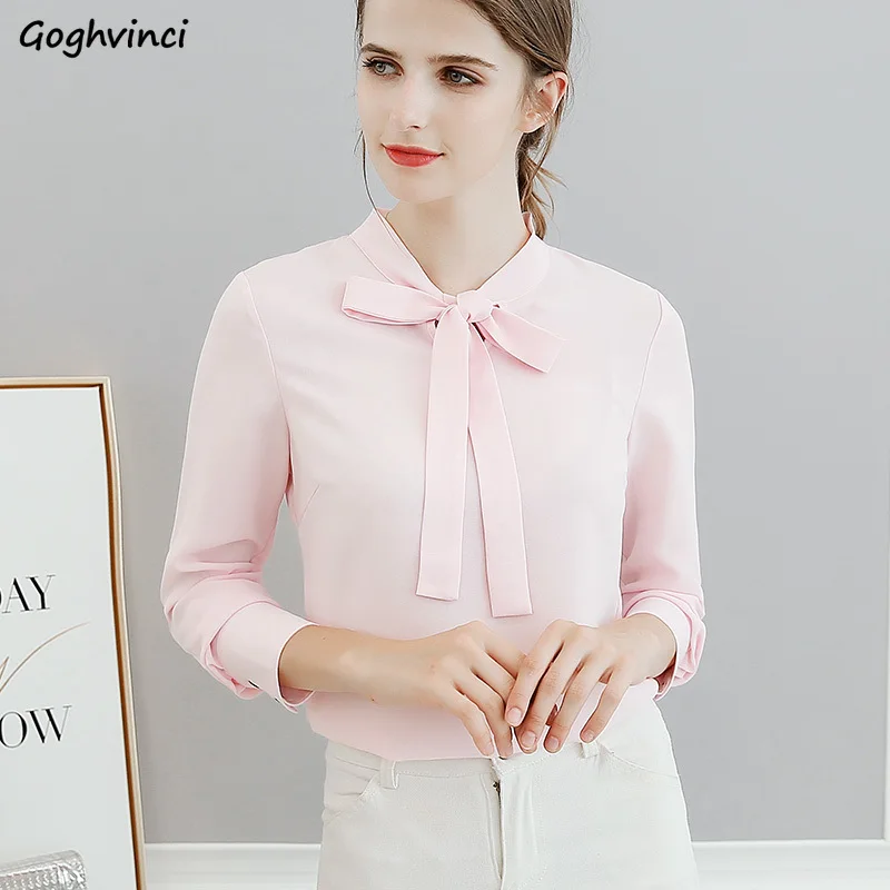

Shirts Women Clothes Solid Tops Bow Long Sleeve Leisure Womens Simple Soft High Quality Breathable Trendy 2020 Girls Blouses