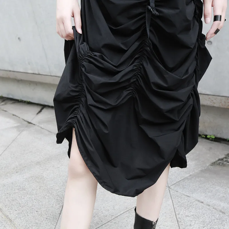 

2020 New Spring Summer Hgh Elastic Waist Black Irregular Pleated Skirts Ruffles Drawstring adjust button Half-body Skirt Women