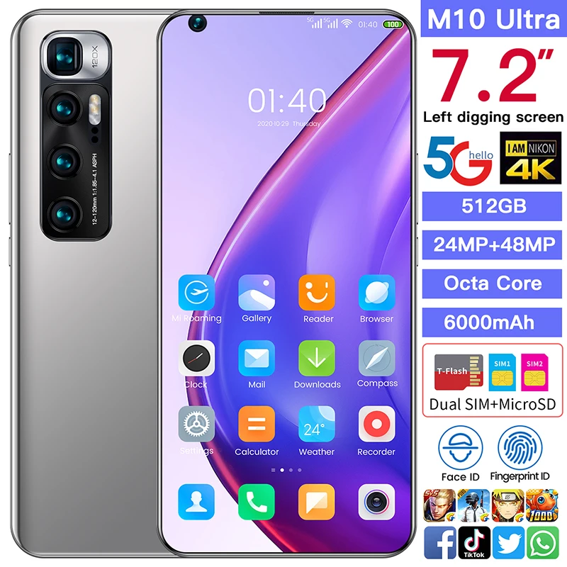

M10 Ultra 7.2 Inch 5G Network 8core 512GB Android10 Full Screen Smart Phone Dual SIM 6000MAH MTK6889 Global 5G Version