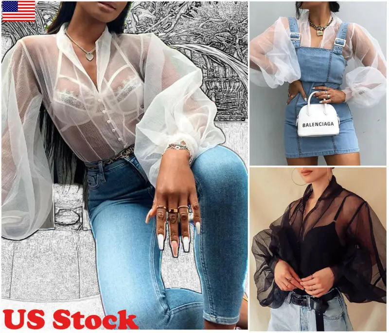 Женская прозрачная сетчатая блузка Элегантная с V-образным вырезом и пуговицами