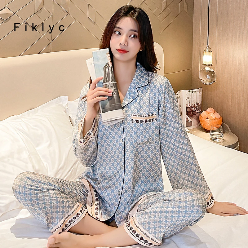 

Fiklyc Plaid Style Satin Spring Autumn New Design Pajamas Sets Womens Drop Shipping Printing Night Wear Lounge Outwear