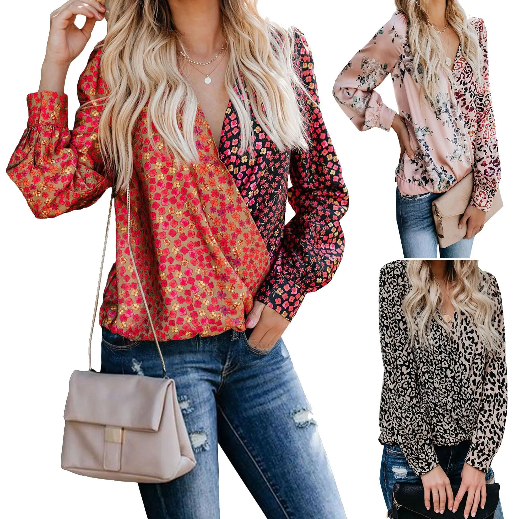 Новинка Леопардовый принт контрастный v образный вырез длинный рукав блузка