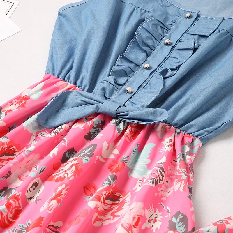 

Summer Mother Daughter Sleeveless Denim Patchwork Floral Dress Matching Mommy and Me Kid Baby Girls Fashion Family Look Outfit