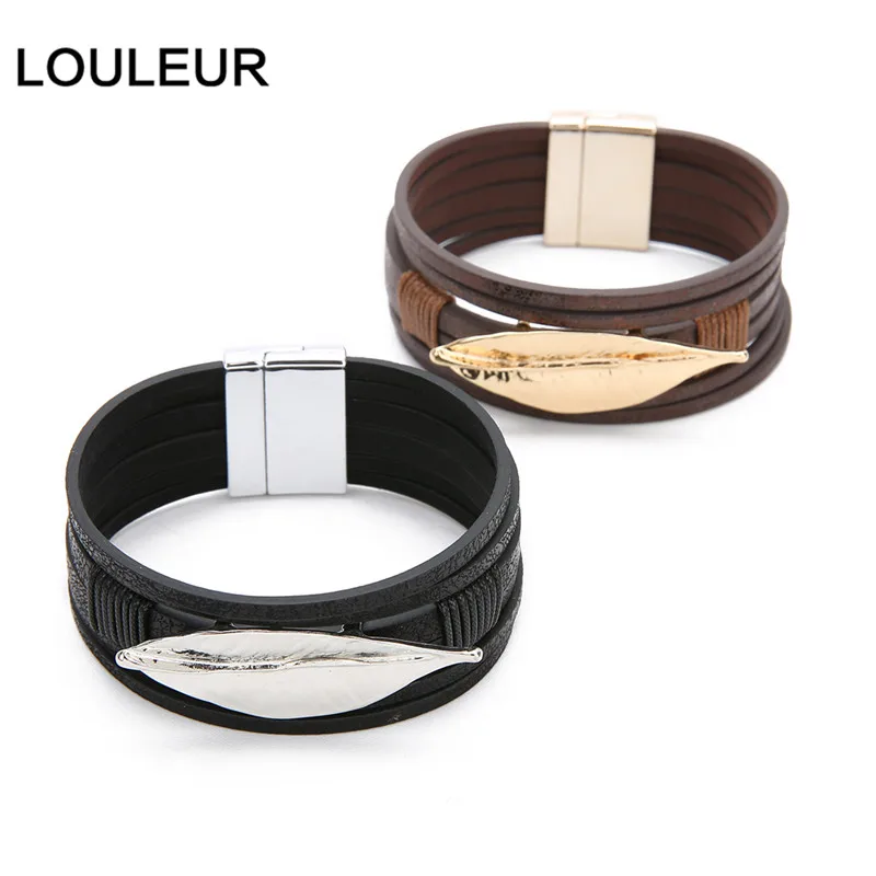 LOULEUR, красный сплав, листья, многослойный кожаный браслет для женщин, Ретро стиль, богемное очарование, широкие браслеты и браслеты, ювелирное изделие, подарок