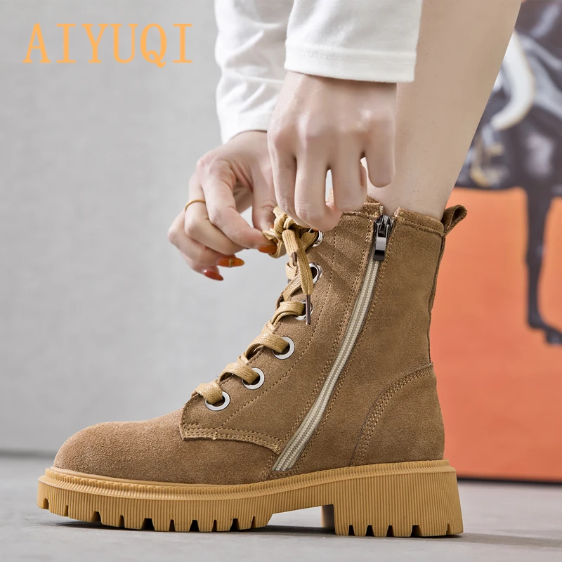 

AIYUQI Ladies Martin Boots 2021 New Suede Genuine leather fur Women Ankle Boots Lace-up fashion Ladies Winter Boots