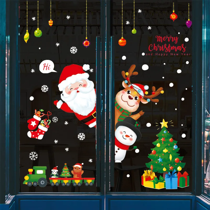 

New Merry Christmas Cartoon Cute Santa Claus Deer Snowman Pegatina Glass Window Decals Xmas Car Wall Stickers Stationery Sticker