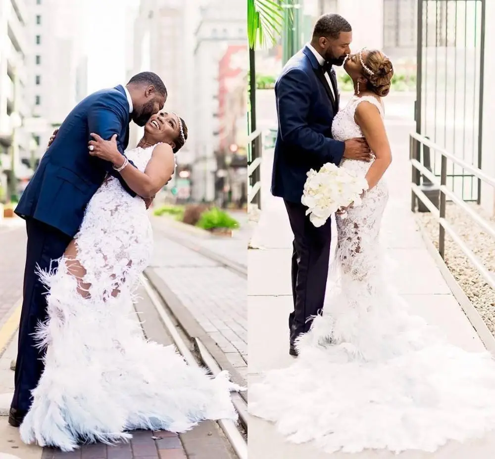 Сексуальное прозрачное свадебное платье русалки с перьями декольте лиф шлейф