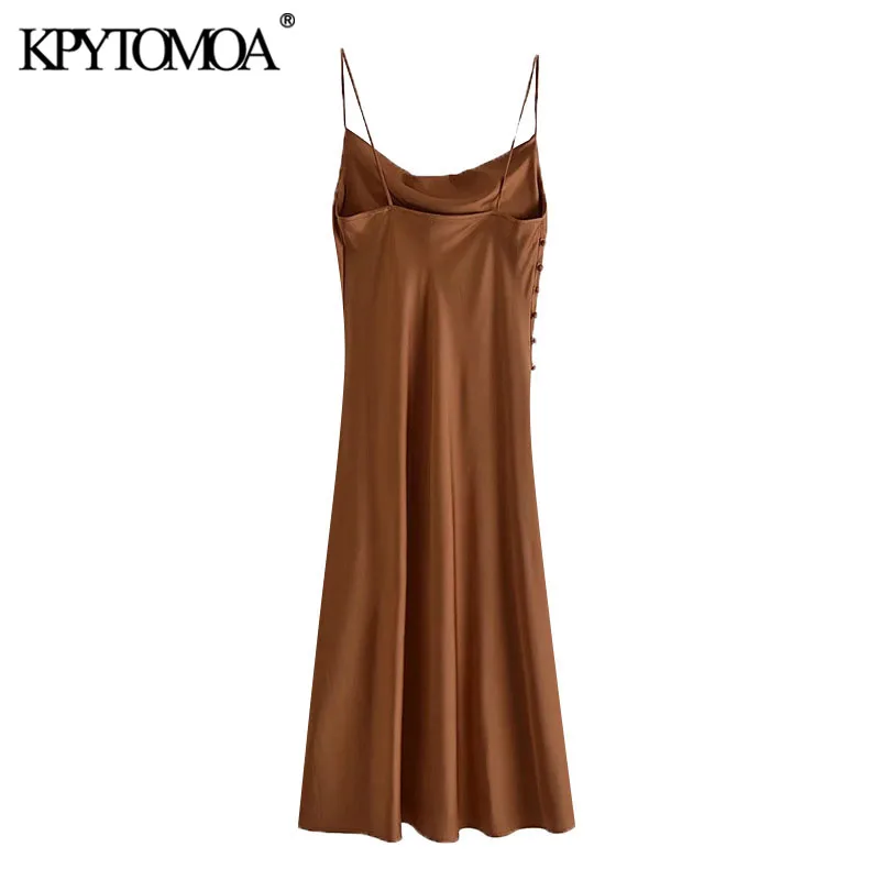 KPYTOMOA Women Chic Fashion Side Buttons Silt Cozy Midi Camisole Dress Vintage Backless Thin Straps Female Dresses Mujer | Женская