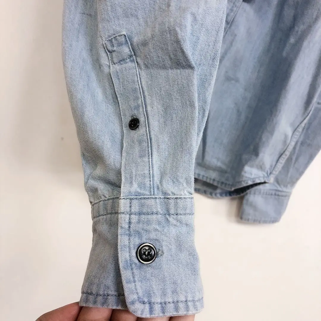 

Ruffles Blouse Women Denim Long Sleeve Stand Collar Solid Color Buttons New Fashion Shirt