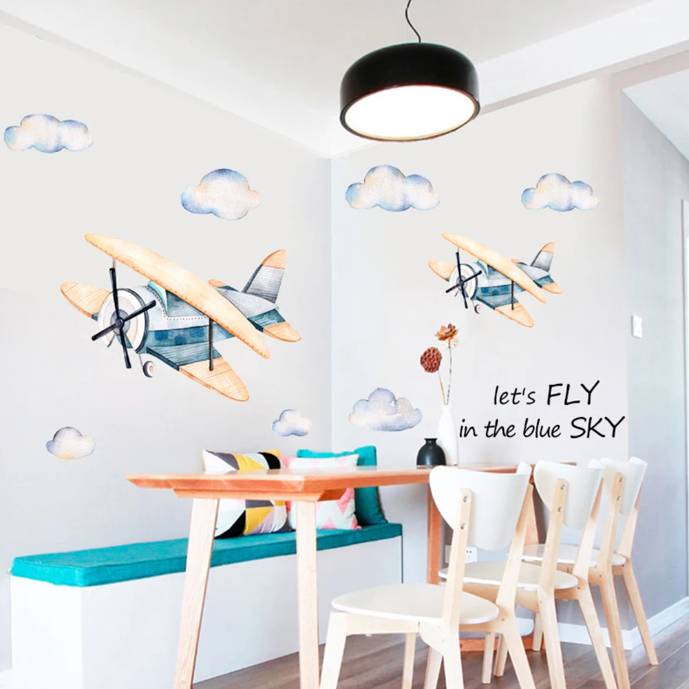 

Cartoon Watercolor Airplane Fairy Tale Town Wall Stickers Childlike Children's Room Kindergarten Background Wall Decoration
