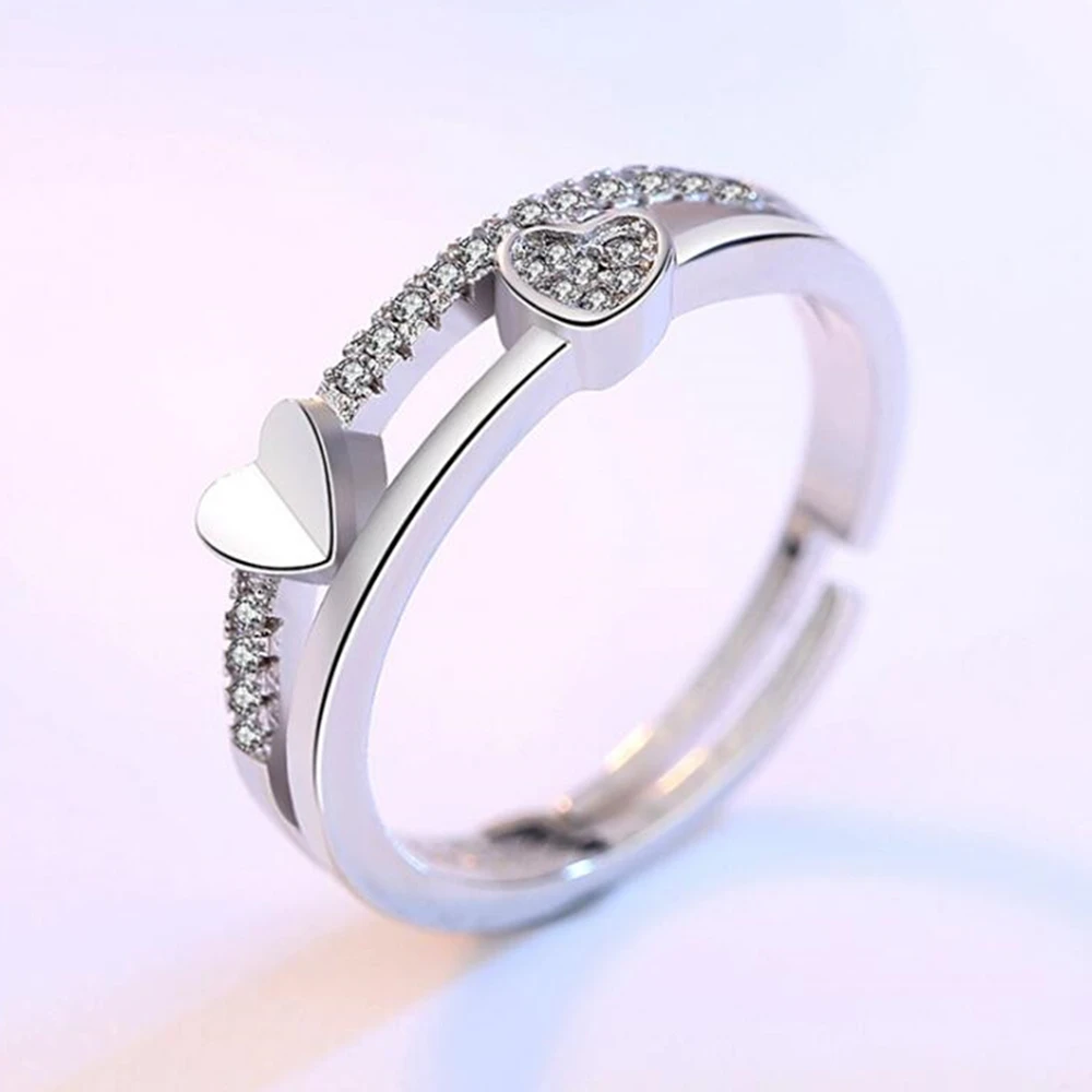 

925 Sterling Silver New Woman Cubic Zirconia Silver Ring Opening The Adjustable Ring Asymmetrical Heart-shaped Jewelry