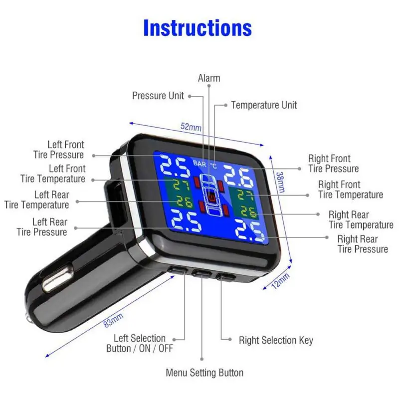 Auto Car Wireless TPMS Tire Pressure Sensor Monitoring System With 4 Sensors LCD Display Monitor Cigarette Lighter Socket | Автомобили и
