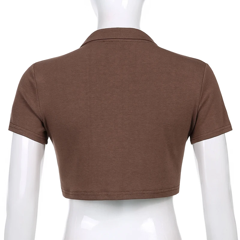 

Rockmore Brown Crop Top Cardigan Women Y2K Vintage Short Sleeve T Shirt Harajuku Tshirts Women Clothes Turn Down Collar Tee 2021
