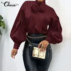 Элегантные офисные женские рубашки Celmia с бантом на воротнике и длинными рукавами-фонариками, женские офисные блузки 2022, модная однотонная свободная туника, топ, Блузы для вечерние