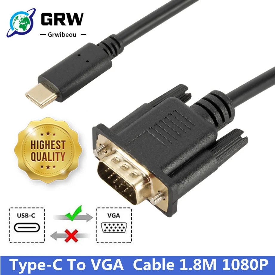 

GRWIBEOU USB C TYPE-C To VGA Cable 1080P Type C To VGA Converter Adapter Cable for Laptop UHD External Video Projector 1.8m HD