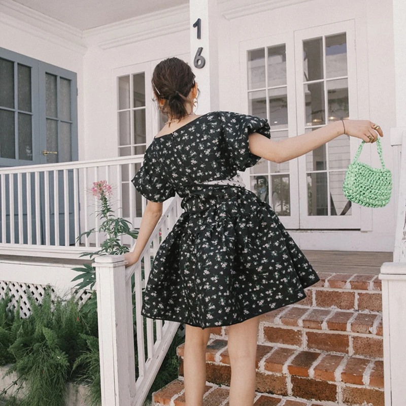 

French Party Black Mini Dress Women Romantic Floral Print Puff Short Sleeve Vintage Dresses Elegant High Waist Bandage Vestidos