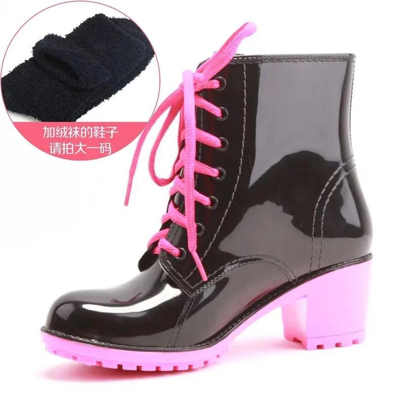 Женские резиновые водонепроницаемые сапоги на среднем каблуке со шнуровкой