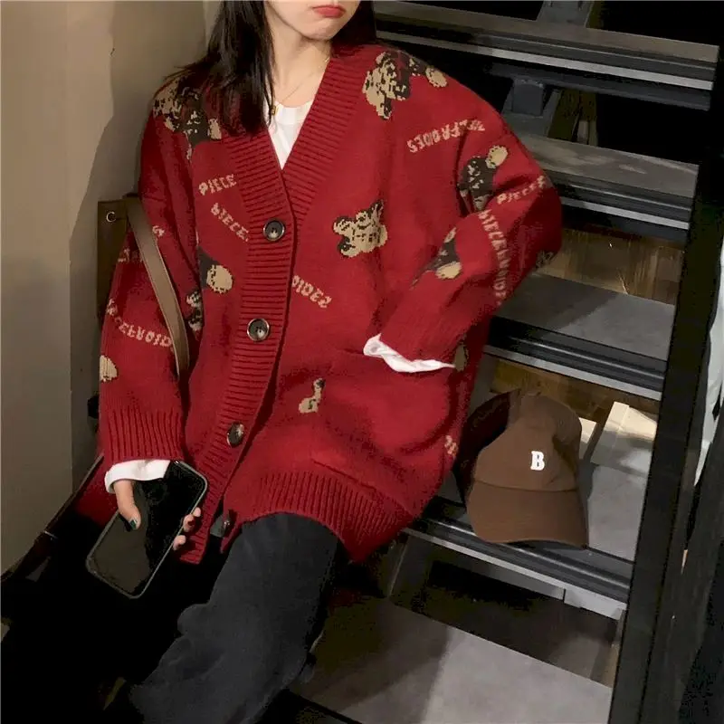 

Women knit cardigan sweater bear print women coat autumn winter long sleeve grunge loose women preppy style Korean kawaii jacket
