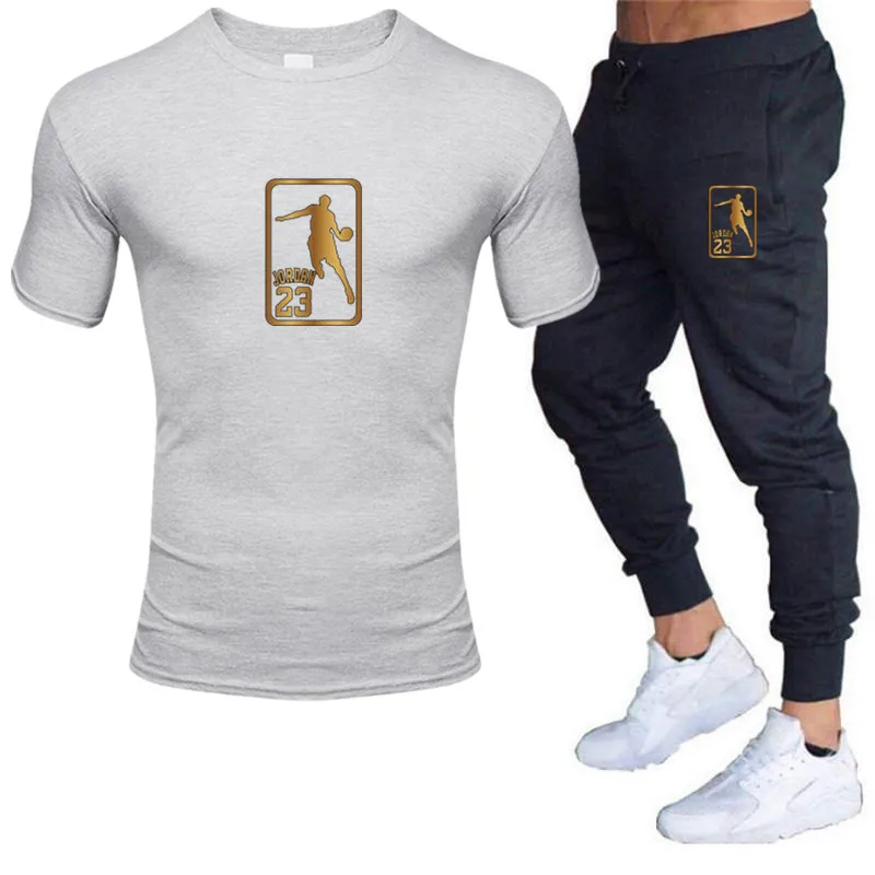 

Brand Men's Sport Suit 2021 Outdoor Workout Soccer Play Tracksuit Gym Cotton T Shirt + Running Trousers Training SetS Casual