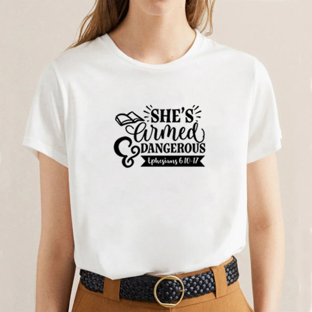 

She's Armed & Dangerous Printed Tee Shirt Femme O-neck Short Sleeve Cotton Tshirt Women Black White Summer Loose T Shirts Women