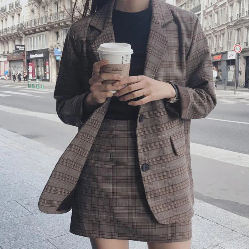 Женский комплект одежды из 2 предметов длинный клетчатый пиджак с надрезом и