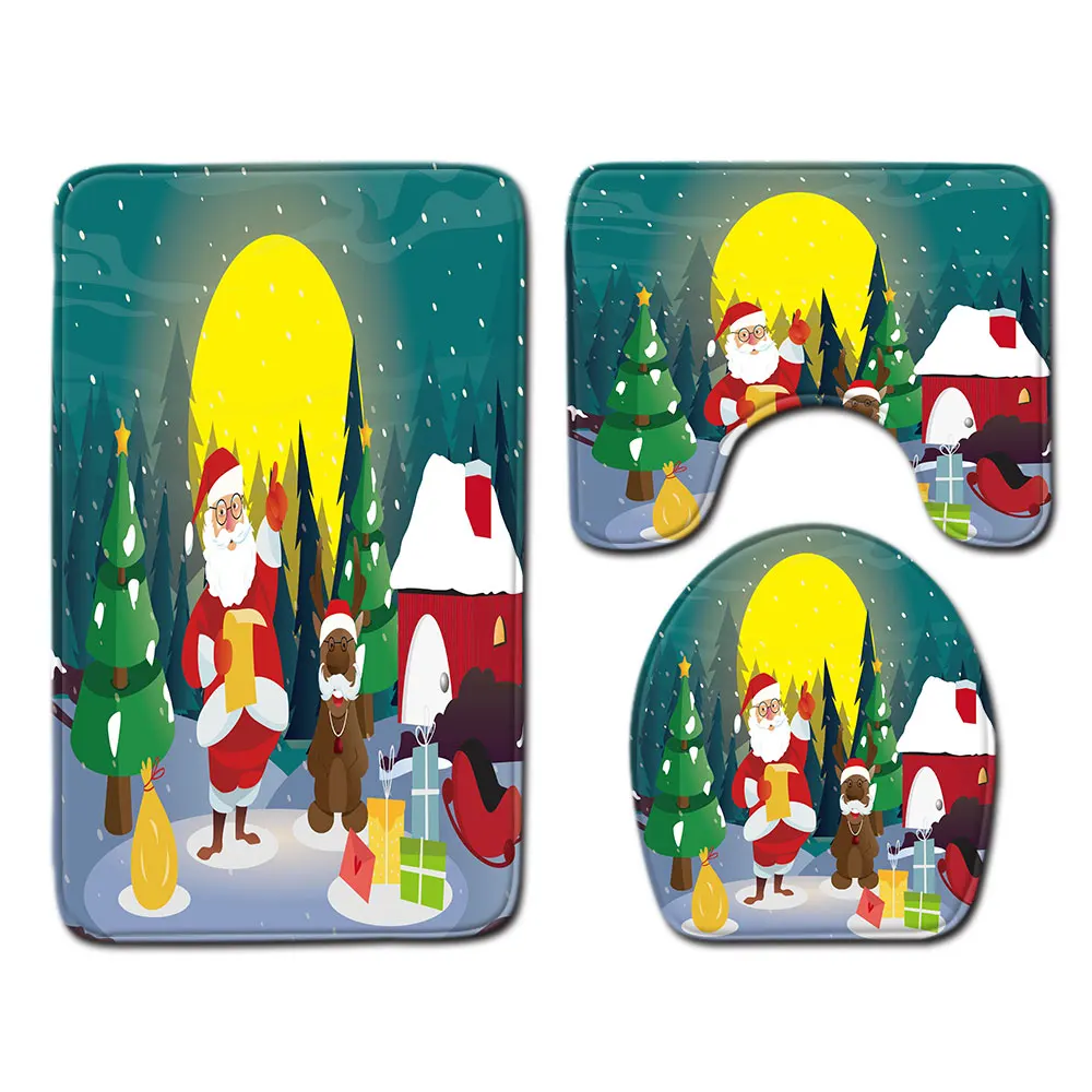 

Winter Snowman Bath Mat 3 PCS Bathroom Mat Decor Washable For U-Shaped Toilet Lid Cover Bath Rug Non-slip Floor Pad Santa Claus