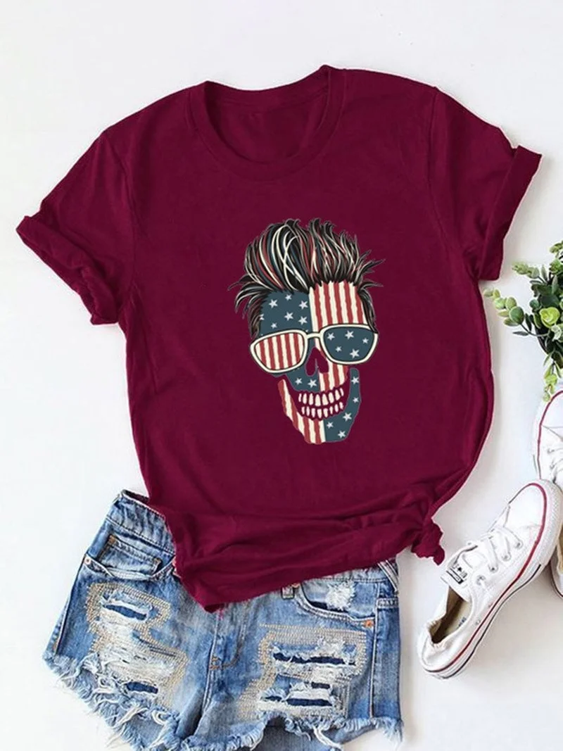 

America Skull Head Print Women T Shirt Short Sleeve O Neck Loose Women Tshirt Ladies Tee Shirt Tops Clothes Camisetas Mujer