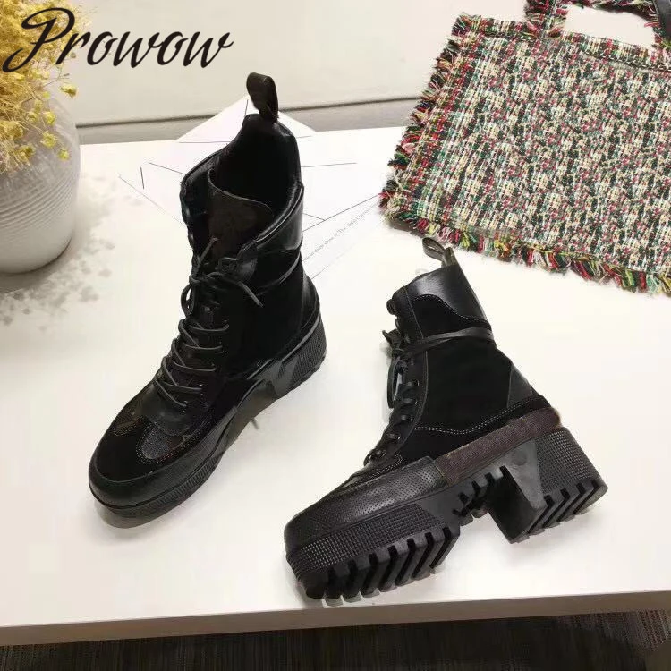 

Prowow Genuine Leather Black Lace Up Thick Heel Ankle Boots Platform Thick Heel Autumn Winter Boots Women Zapatos De Mujer